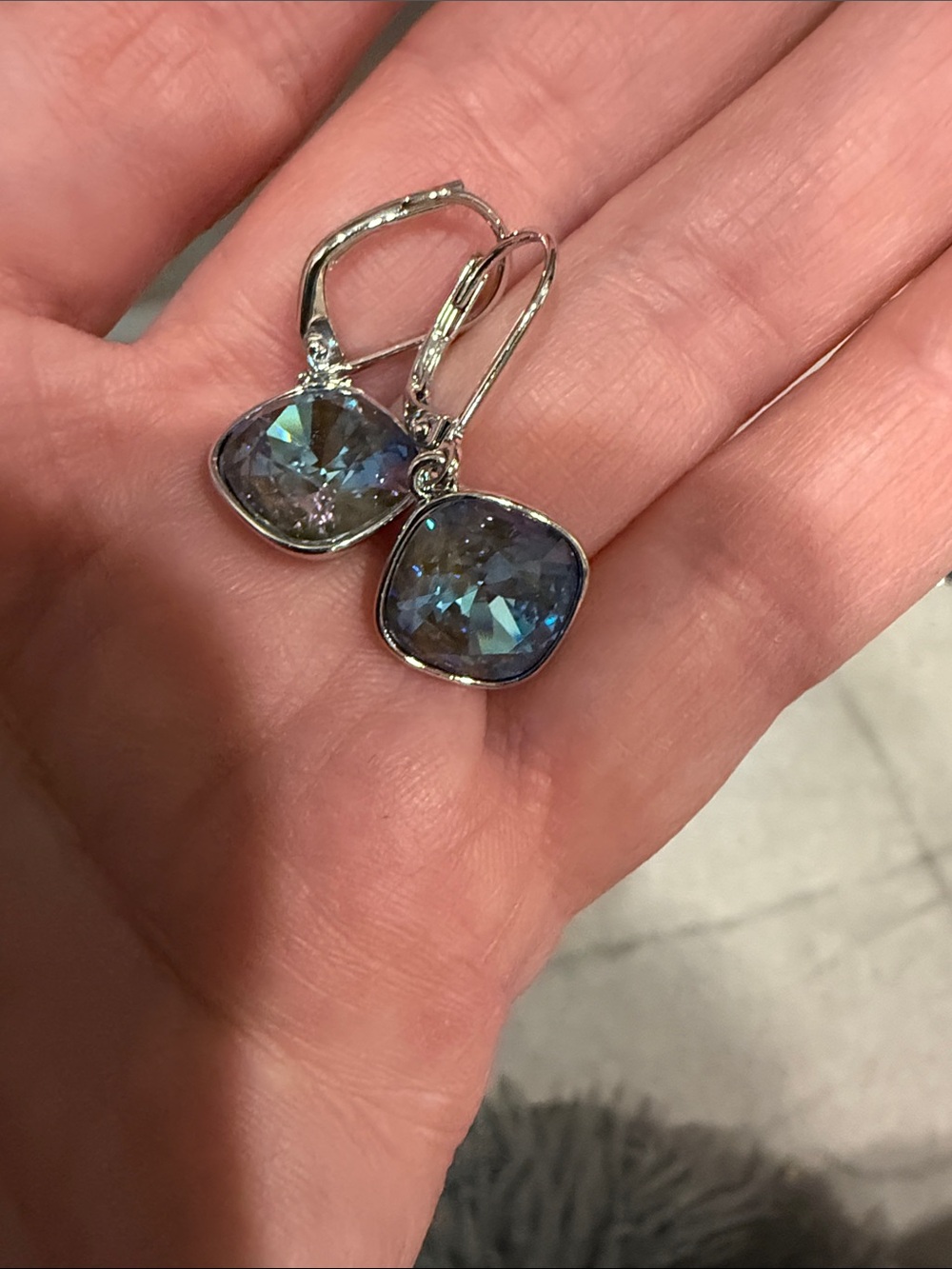 Touchstone Crystal Silver Leverback Earrings with Blue/Green Cushion Crystals